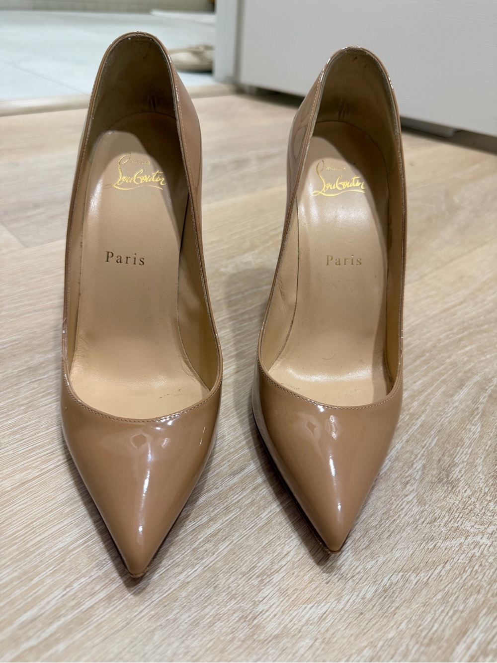 Christian Louboutin Pigalle Nude Patent Leather Pointed-Toe Pumps